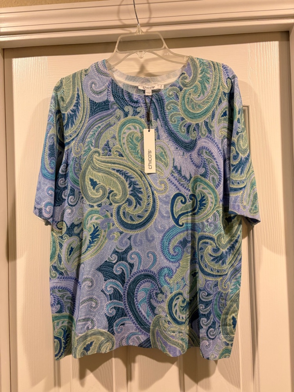 Chico's womens Blue & Green Short-Sleeve Shirt size 2/L NWT - Picture 2 of 5